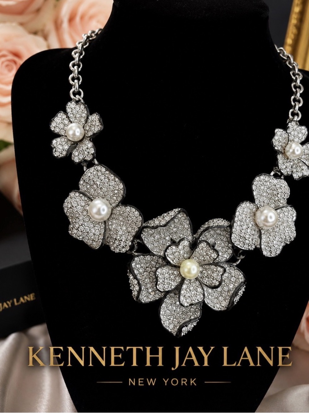 Rare Stunning Kenneth Jay Lane Silver Crystal & Pearl Floral Statement Necklace
